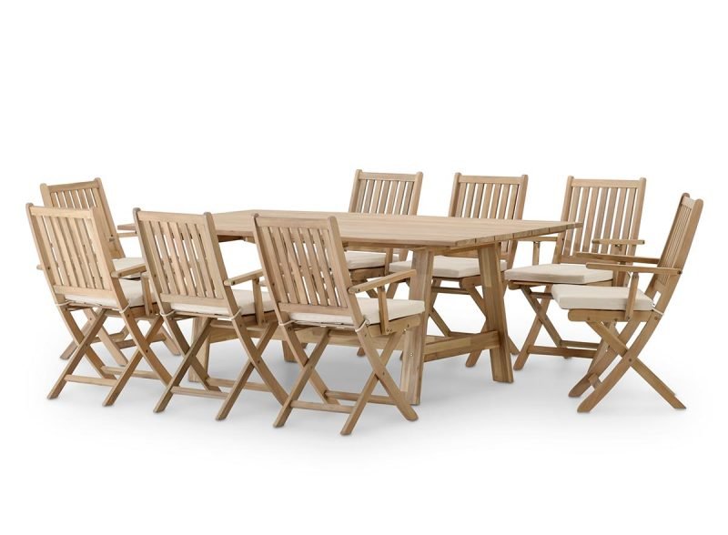 Conjunto de jardín comedor mesa fija lamas anchas 200×100 + 8 sillas con brazos con cojines – Java Light