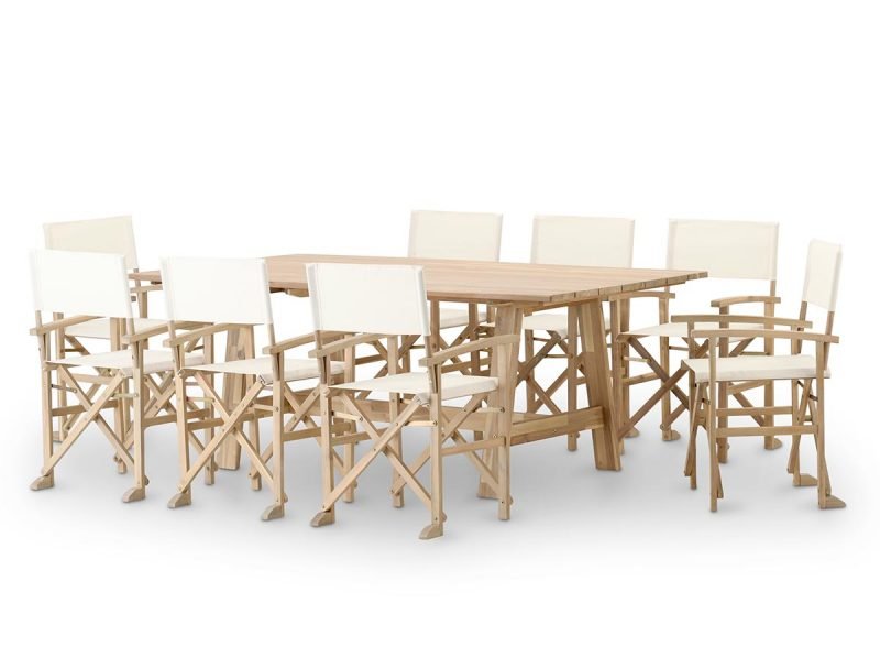 Set da pranzo da giardino tavolo fisso doghe larghe 200×100 + 8 sedie director raw – Java Light