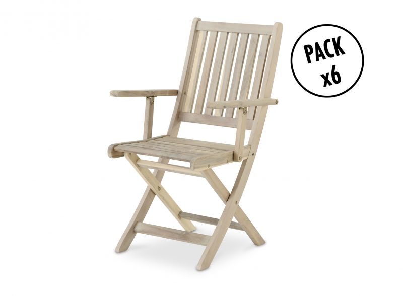 Pack of 6 light colored wooden folding garden chairs with armrests – Java Light