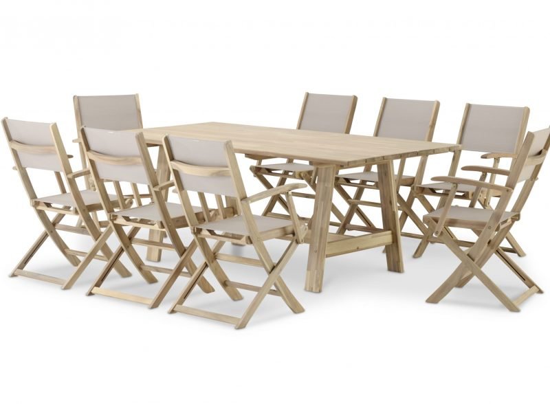 Garden dining room set fixed table wide slats 200×100 + 8 chairs wood and beige textile – Java Light