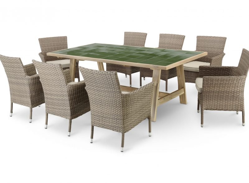 Conjunto de jardín comedor mesa de madera y cerámica verde 200×100 + 8 sillas apilables ratán sintético con cojín Bolonia – Java Light & Bolonia