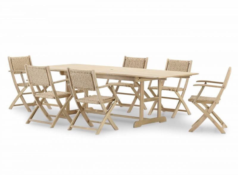 Conjunto de jardín comedor mesa extensible 180/240×100 + 6 sillas madera y ratán enea sintético con brazos – Java Light