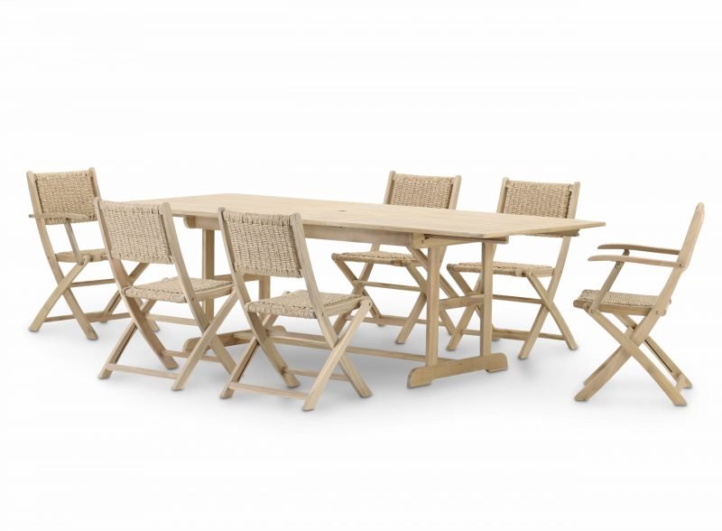 Conjunto de jardín comedor mesa extensible 180/240×100 + 2 sillas madera con brazo + 4 sillas sin brazos ratán enea sintético – Java Light