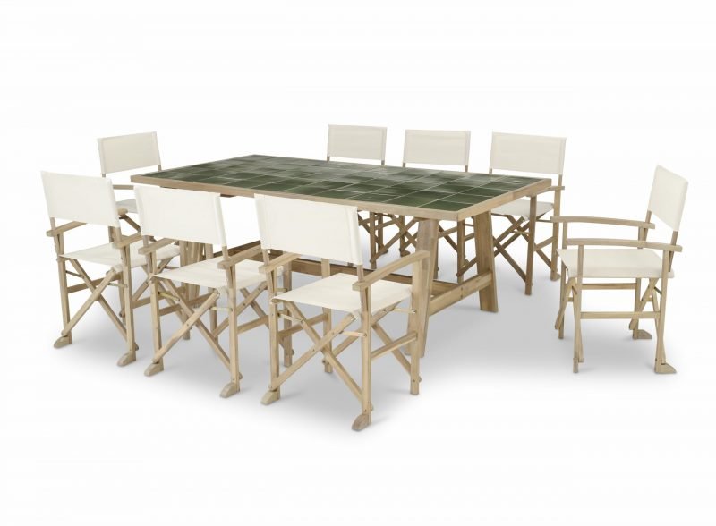 Conjunto de jardín comedor mesa de madera y cerámica verde 200×100 + 8 sillas director crudo – Java Light