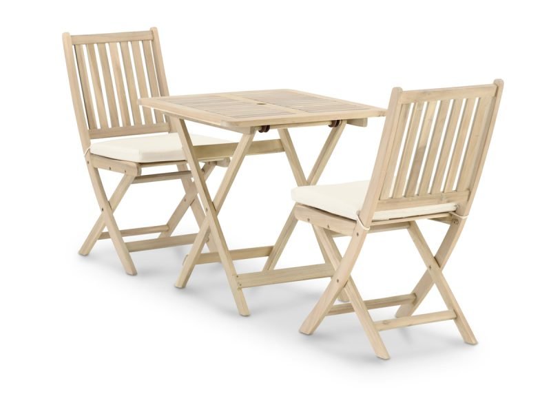 Conjunto de balcón terraza mesa plegable 70×70 + 2 sillas sin brazos con cojines- Java Light