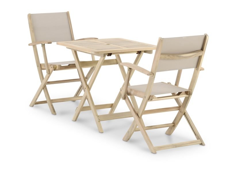 Conjunto de balcón terraza mesa plegable 70×70 + 2 sillas madera y textileno beige – Java Light