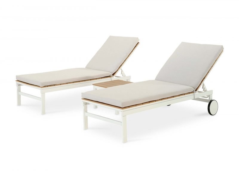 Pack of 2 white aluminum and polywood imitation wood sun loungers on wheels with cushion – Osaka white