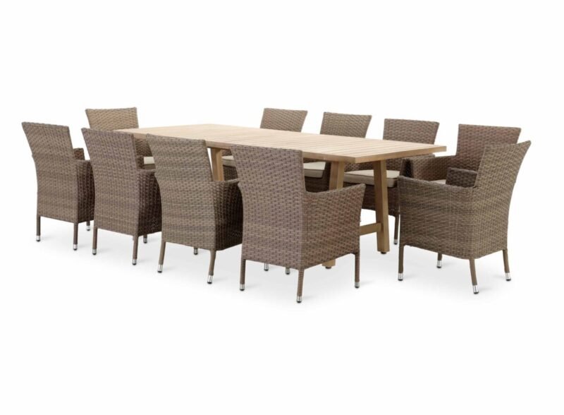 Essgarnitur Gartentisch Holz 230×100 cm Riviera und 10 Stühle aus synthetischem Rattan und Aluminium Bologna – Bologna &; Riviera
