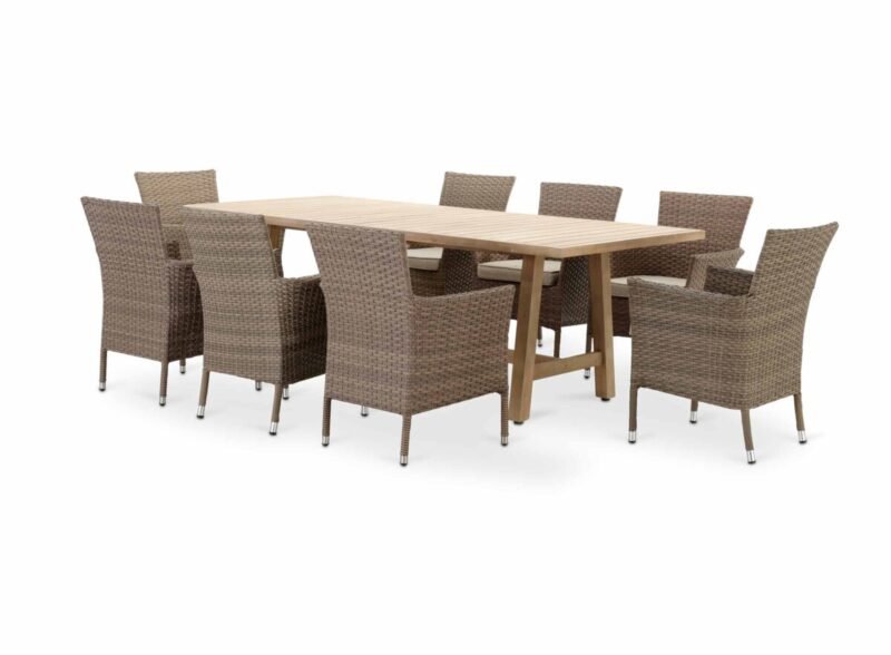 Conjunto comedor mesa jardín madera 230×100 cm Riviera y 8 sillas ratán sintético y aluminio Bolonia – Bolonia&Riviera