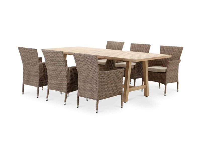 Conjunto comedor mesa jardín madera 230×100 cm Riviera y 6 sillas ratán sintético y aluminio Bolonia – Bolonia&Riviera