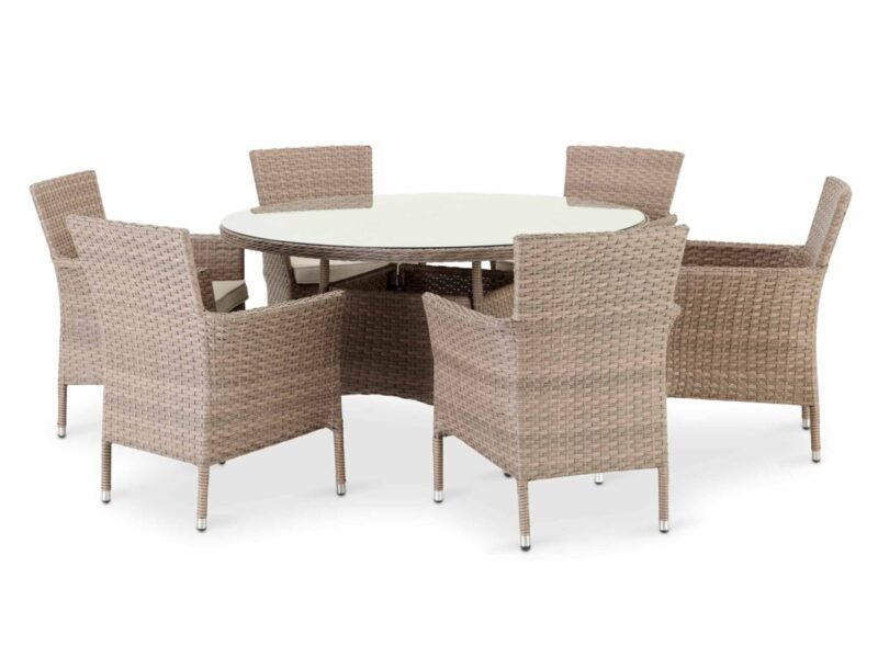 Mesa de jardim redonda de sala de jantar 140 cm e 6 cadeiras de rattan sintético e alumínio – Bolonha