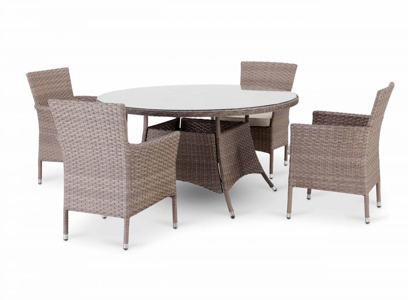 Conjunto comedor mesa redonda jardín 140 cm y 4 sillas ratán sintético y aluminio – Bolonia
