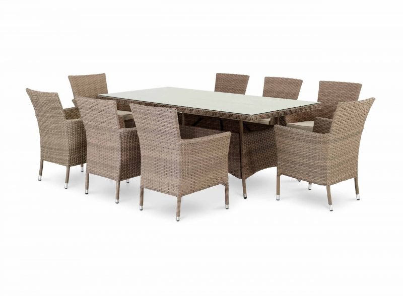Conjunto comedor mesa jardín 200×100 cm y 8 sillas ratán sintético y aluminio – Bolonia