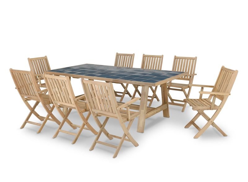 Conjunto de mesa de jantar de jardim de madeira e cerâmica azul 200×100 + 8 cadeiras com braços – Java Light