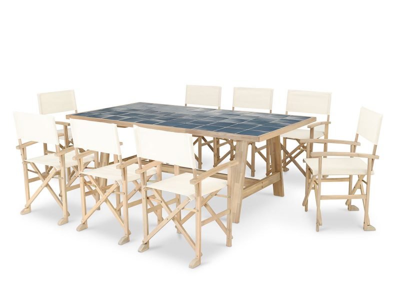 Conjunto de jardín comedor mesa de madera y cerámica azul 200×100 + 8 sillas director crudo – Java Light