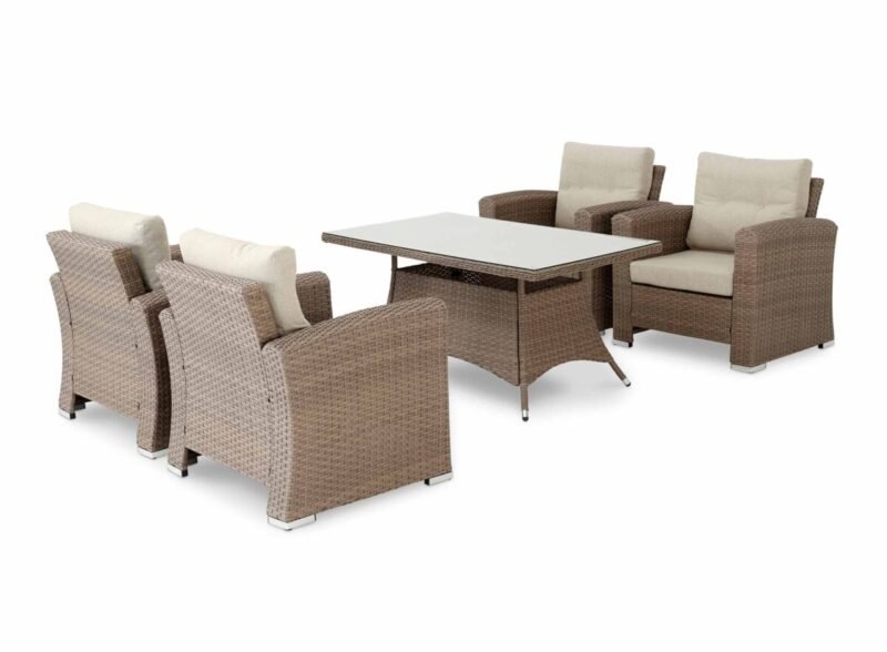 Ensemble de jardin 4 fauteuils + 1 table haute 140x80x68cm en rotin synthétique et aluminium – Bologne