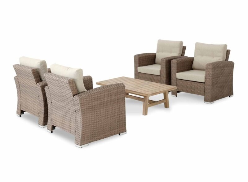 Gartenset 4 Sessel aus synthetischem Rattan und Aluminium + 1 niedriger Holztisch Riviera – Bologna&Riviera