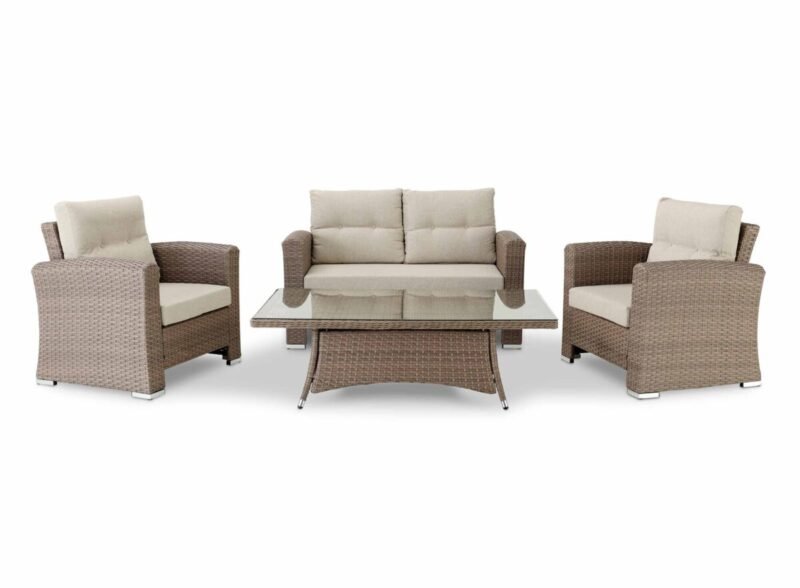 Conjunto de jardín 1 sofá de 2 plazas + 2 sillones + 1 mesa baja 140x80x46cm ratán sintético y aluminio – Bolonia