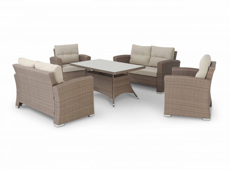 Conjunto de jardín 2 sofás de 2 plazas + 2 butacas + 1 mesa alta 140x80x68cm ratán sintético y aluminio – Bolonia