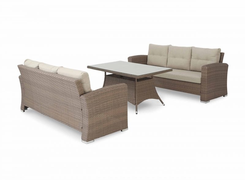 Conjunto de jardín 2 sofás de 3 plazas + 1 mesa alta 140x80x68cm ratán sintético y aluminio – Bolonia