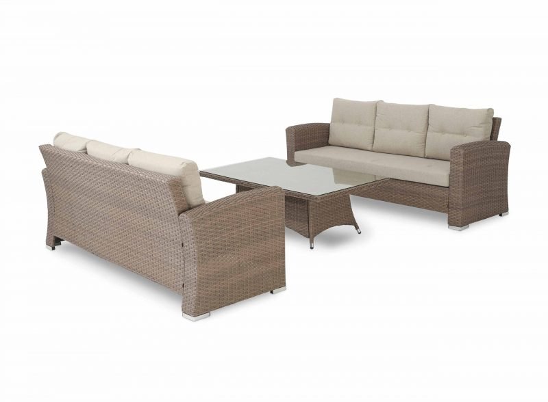 Conjunto de jardín 2 sofás de 3 plazas + 1 mesa baja 140x80x46cm ratán sintético y aluminio – Bolonia