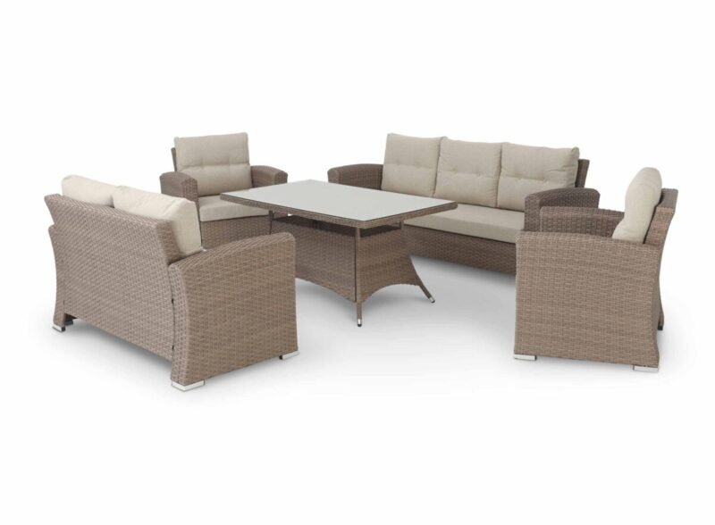 Conjunto de jardín 1 sofá de 3 plazas + 1 sofá de 2 plazas + 2 sillones + 1 mesa alta 140x80x68cm ratán sintético y aluminio – Bolonia