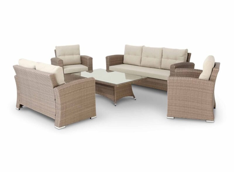 Conjunto de jardín 1 sofá de 3 plazas + 1 sofá de 2 plazas + 2 sillones + 1 mesa baja 140x80x46cm ratán sintético y aluminio – Bolonia
