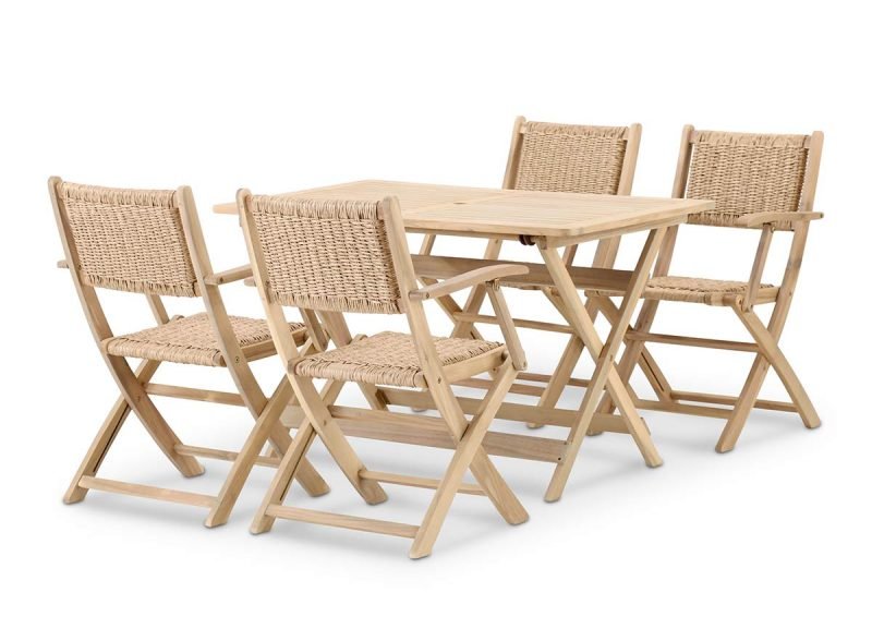 Garten-Essgruppe Klapptisch 120×70 + 4 Stühle Holz und Rattan enea synthetisch mit Armlehnen – Java Light
