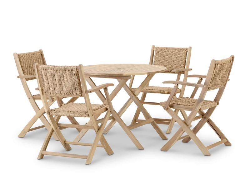 Conjunto de jardín comedor mesa plegable redonda 90cm + 4 sillas madera y ratán enea sintético con brazos – Java Light