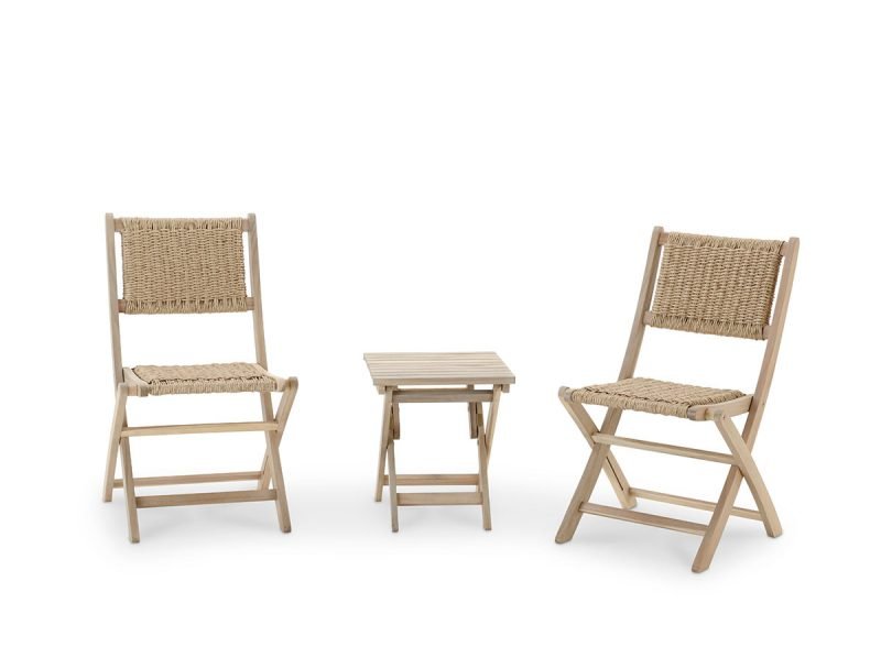 Balkongarnitur Terrasse niedriger Beistelltisch 40x40x45cm + 2 Stühle aus Holz und synthetischem Rattan mit Armlehnen – Java Light