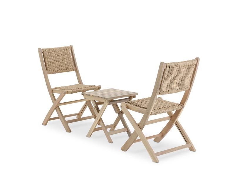 Balkongarnitur Terrasse niedriger Beistelltisch 40x40x45cm + 2 Stühle ohne Armlehnen aus synthetischem Rattan – Java Light