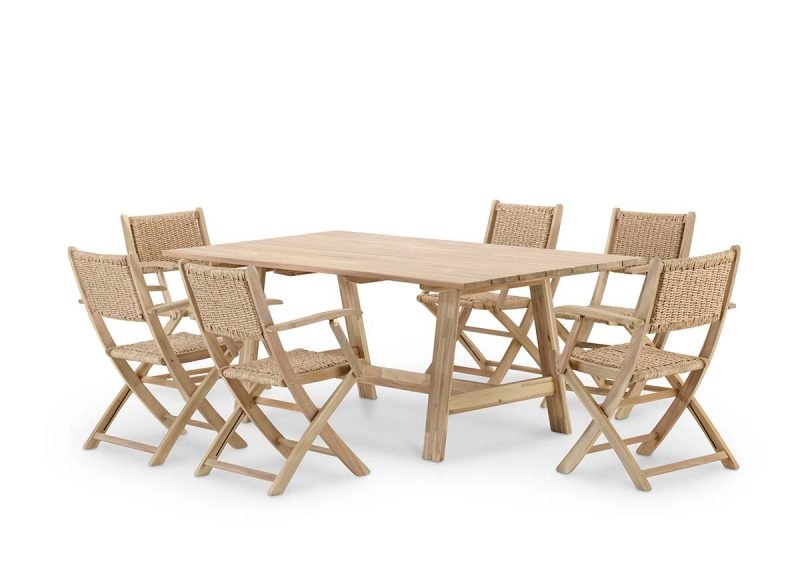 Set da pranzo da giardino tavolo fisso doghe larghe 200×100 + 6 sedie legno e rattan sintetico enea con braccioli – Java Light