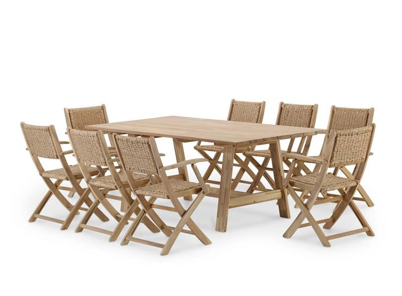 Set da pranzo da giardino tavolo fisso doghe larghe 200×100 + 8 sedie legno e rattan sintetico enea con braccioli – Java Light