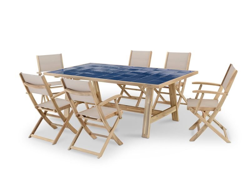 Conjunto de jardín comedor mesa de madera y cerámica azul 200×100 + 6 sillas madera y textileno beige – Java Light