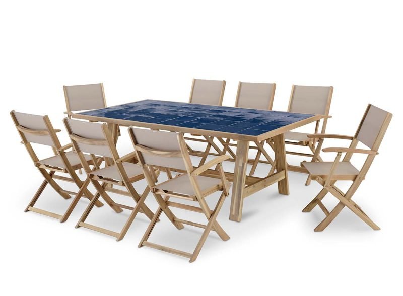 Conjunto de jardín comedor mesa de madera y cerámica azul 200×100 + 8 sillas madera y textileno beige – Java Light