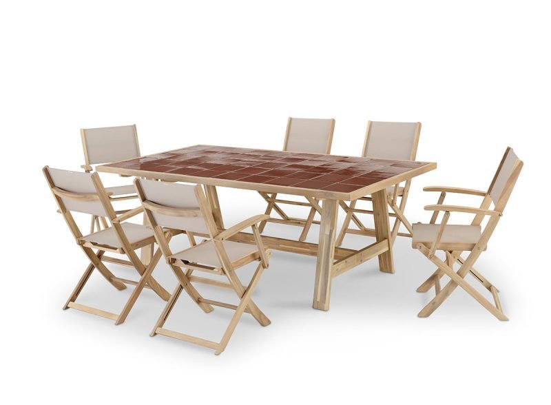 Conjunto de jardín comedor mesa de madera y cerámica terracota 200×100 + 6 sillas madera y textileno beige – Java Light