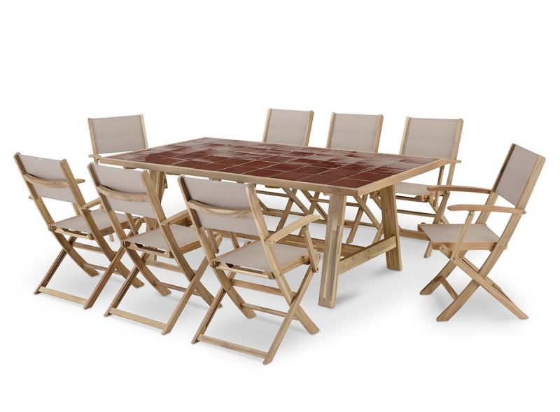 Garten-Essgruppe Terrakotta-Tisch aus Holz und Keramik 200×100 + 8 Stühle Holz und Textil beige – Java Light