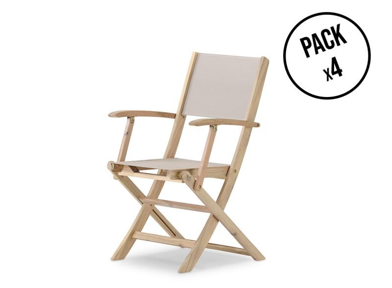 Packung mit 4 Stühlen mit klappbaren Armlehnen aus hellem Holz und beigefarbenem Textil – Java Light