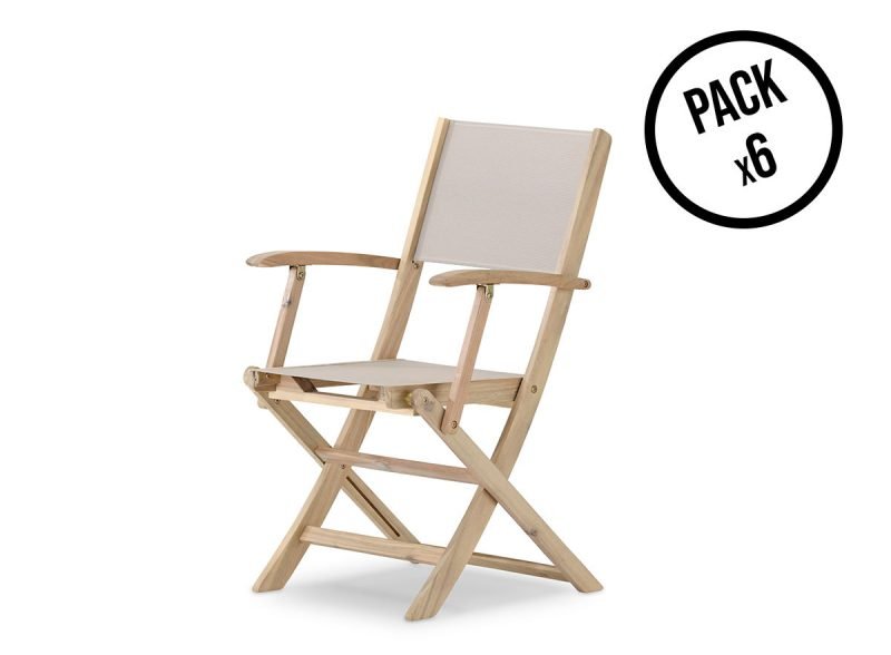 Packung mit 6 Stühlen mit klappbaren Armlehnen aus hellem Holz und beigefarbenem Textil – Java Light