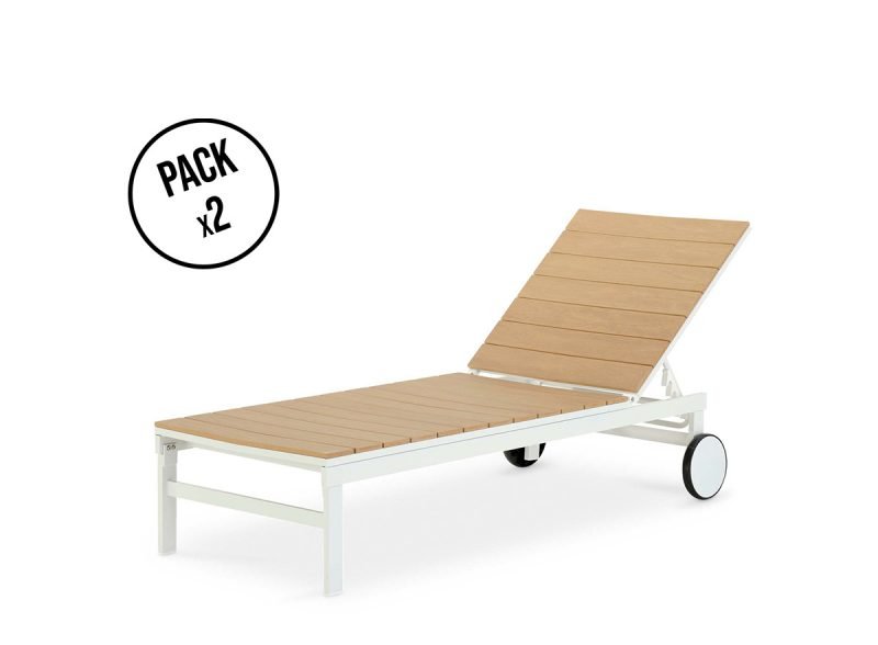 Packung mit 2 Liegestühlen aus weißem Aluminium und Polyethylen-Holzimitat hoher Dichte mit Rädern – Osaka weiß