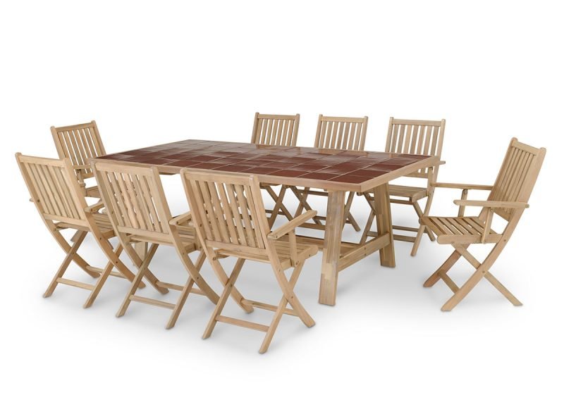 Garten-Essgruppe Terrakottatisch aus Holz und Keramik 200×100 + 8 Stühle mit Armlehnen – Java Light