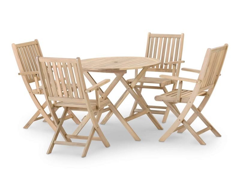 Garten-Essgarnitur runder Klapptisch 90cm + 4 Stühle mit Armlehnen – Java Light