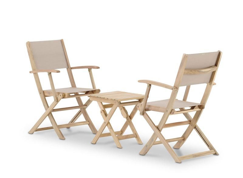 Conjunto de balcón terraza mesita auxiliar baja 40x40x45cm + 2 sillas madera y textileno beige – Java Light