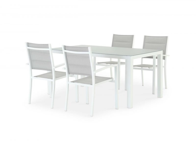 Conjunto mesa fija 160×90 y 4 sillas jardín blanco – Tokyo