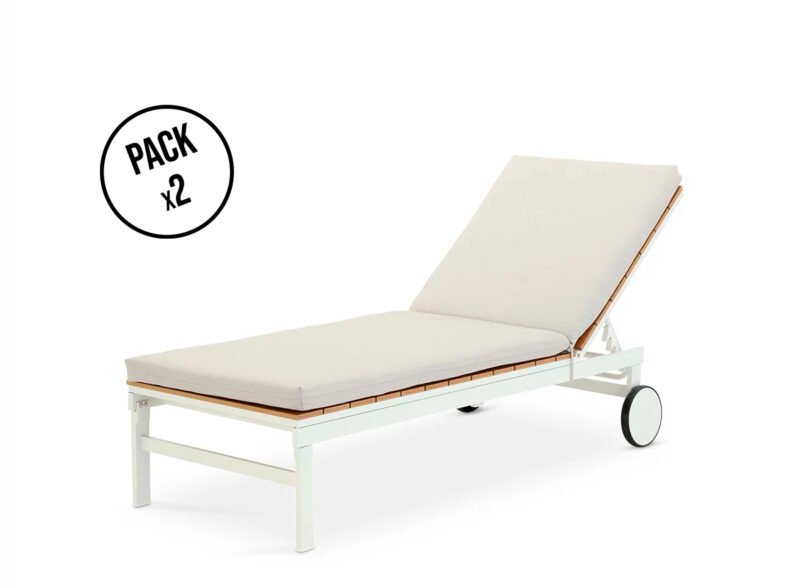 Pack de 2 chaises longues blanc aluminium et polyéthylène haute densité imitation bois avec roues avec coussin – Osaka blanc