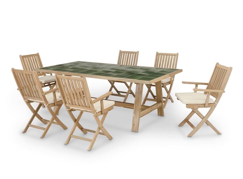 Conjunto de jantar de jardim mesa verde de madeira e cerâmica 200×100 + 6 cadeiras com braços com almofadas – Java Light