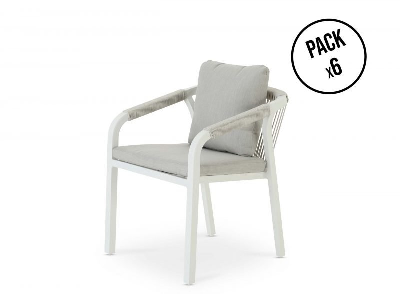 Pack de 6 sillas de comedor aluminio blanco y cuerda con cojín beige – Maya