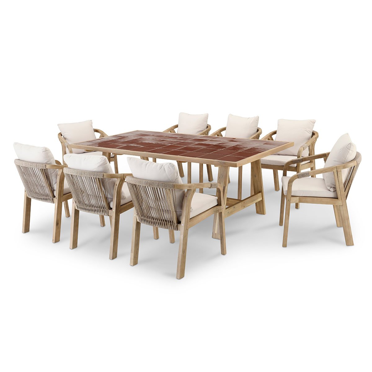 Tischset aus Terrakottaholz und Keramik Light - 8 Riviera-Stühle Kerama Java und 