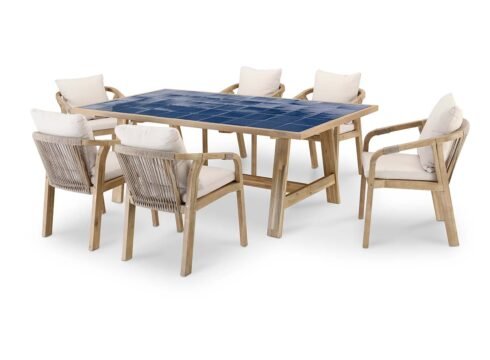 Set di tavolo in legno blu e ceramica e 6 sedie Riviera – Java Light