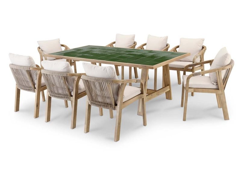 Set aus hölzernem und grünem Keramiktisch und 8 Stühlen Riviera – Java Light